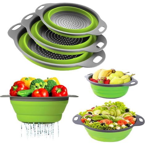Juego de 3 coladores de silicona plegables FlexiSieve para un almacenamiento eficiente de frutas y verduras o como bandeja de goteo para frutas. (1/5)