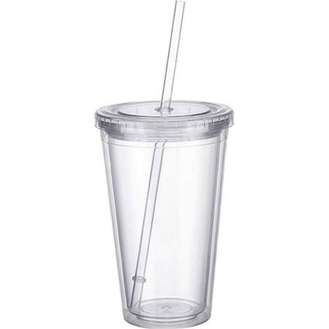 Gobelet isotherme en plastique double paroi avec couvercle et paille, 500 ml, transparent (1/4)