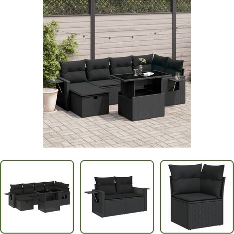 vidaXL Canapé extérieur - Salon de jardin 7 pcs avec coussins noir résine tressée (1/5)