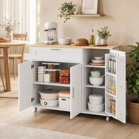 132.544(70)90cm großer mobiler Küchentisch, Arbeitsplatte klappbar, Eiche Maserung, multifunktionaler Schrank, Gewürzregal, Handtuchhalter, 5 Rollen, geeignet für Küche/Essen/Haus (1/4)
