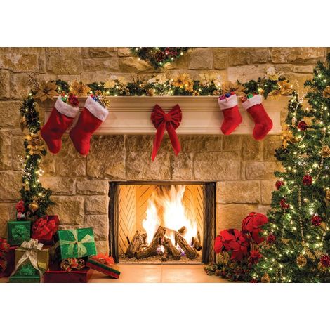 7x5FT Frohe Weihnachten Hintergrund Baum Socke Geschenk Familienfeier Dekoration