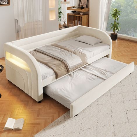 Lit gigogne enfant 90x200 cm avec LED, sommier à lattes, design gain de place, flanelle beige (1/5)