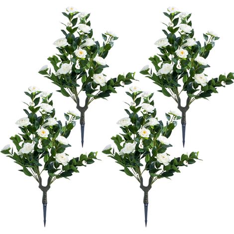 Arbre topiaire artificiel à boules fleuries camélia blanc – Plante décorative PE réaliste avec piquet métallique – maison, jardin, terrasse, balcon – Lot de 4 (1/5)