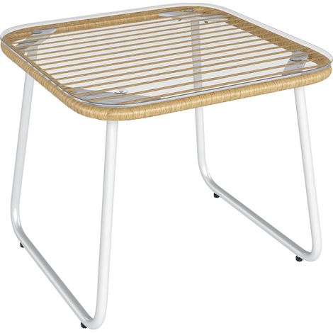 Table de jardin en rotin synthétique avec plateau en verre trempé et pieds réglables pour une utilisation extérieure 50 x 50 x 44 cm Naturel (1/5)