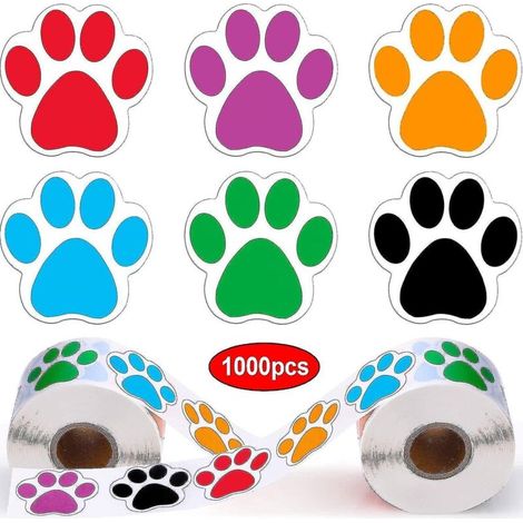 rouleaux de 1000 autocollants colorés en forme d'empreintes de pattes de chien, chat, ours (6 couleurs assorties) (1/3)
