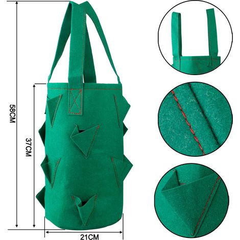 Sacs de plantation de fraisiers avec poignée, 11 trous, culture verticale, sacs suspendus, sacs en feutre, 38 x 22 cm, verts (1/5)