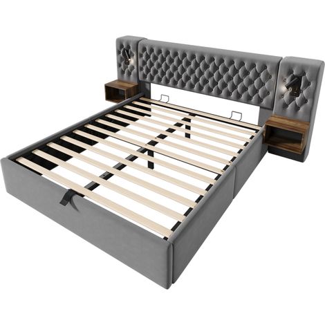 Cama canapé 160 x 200 cm en terciopelo gris con 2 mesitas, lámparas de lectura y USB (1/5)