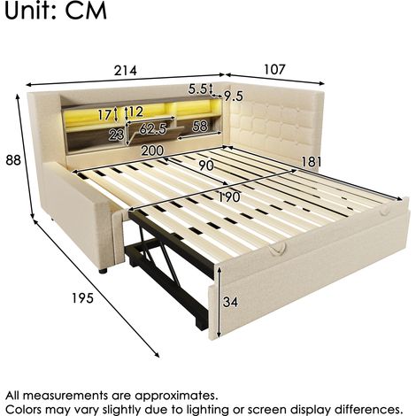 Lit rembourré 90x200 cm lin beige,lit coulissant 90x190,LED,tête de lit L rangement,montable des 2 côtés,base à lattes,sans matelas