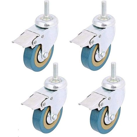 4 pack, Verrouillage 3" Mont tige filetée Roulette pivotante Rotation Non marquant Roue à roulettes en polyuréthane et frein pour chariots, meubles, établi (Tige filetée: 12 X 30mm) (1/5)
