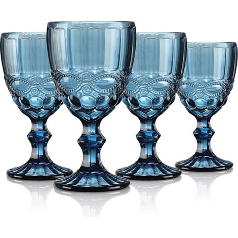 Blue Embossed Water or Wine Glasses Colourful Retro Drinking Glasses Tumblers for Juice Soda Cocktails (1/5)