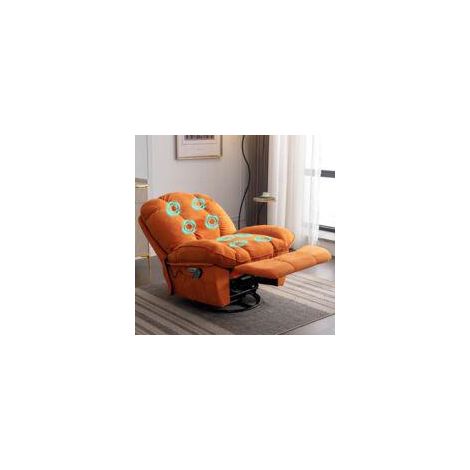 Fauteuil de massage électrique inclinable, chauffant, massage vibrant, ports Type-C et USB, pivotant avec minuterie, porte-gobelet et poches latérales, orange