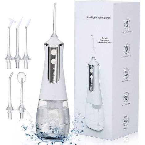 Hydropulseur dentaire électrique à 3 vitesses, appareil de nettoyage buccal et buccal, jet dentaire, nettoyeur de dents portable pour la maison (blanc) (1/5)