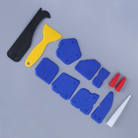 Kit de 12 outils pour mastic plastique, comprenant une spatule, un grattoir et un outil de finition pour colle à verre et silicone, idéal pour le moulage et le jointoiement. (1/5)
