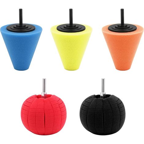 5tlg Polissage Capuchon Set, Boule de Polissage Cône de Polissage pour Perceuse, Mousse d'entretien Automobile Embout de Polissage Avec Tige de 6mm (1/5)