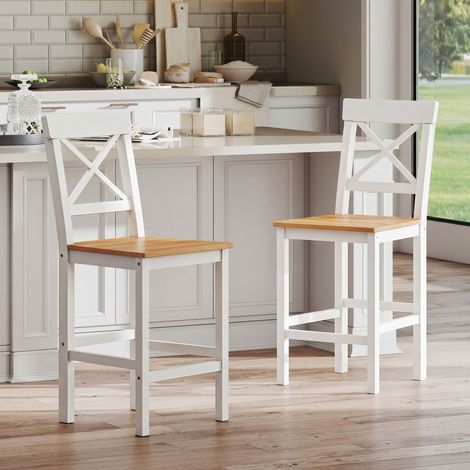 Lot de 2 tabourets de bar, chaises hautes campagne, dossier haut et repose-pieds, 41x46x97,5cm, blanc et bois naturel (1/5)