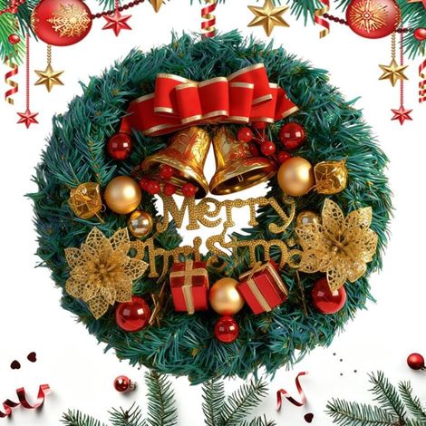 Couronne de Noel pour Porte d'Entrée 30 cm, Luxueuse Décoration de Noël Guirlande Verte avec Nœud & Clochettes, Couronne de Noël pour Porte d'entrée pour Une Ambiance Festive (1/5)