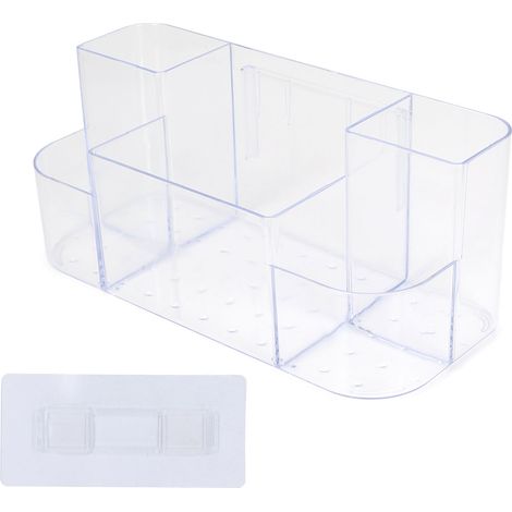 Boîte de rangement transparente blanche en plastique clair, compartimentée, sans perforation, à fixer au mur ou sur bureau, pour salle de bain, maison et bureau. (1/5)