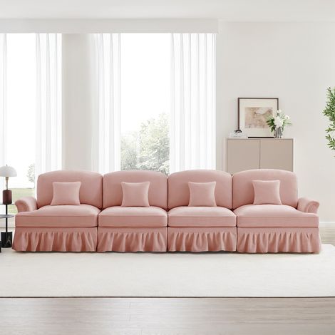 Mittelalterliches 4-Sitzer-Sofa, Chenille-Stoff, kegelförmige Armlehnen, komfortables Sofa fürs Wohnzimmer, 350x83,5x93 cm – Elegantes und modernes Sofa – Rosa