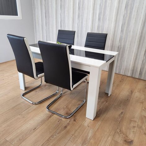 Dining Table and 4 Chairs White Black Wood 4 Leather Chairs White Black Chairs Dining Room (1/5)