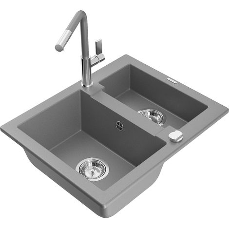 Mexen Carlos fregadero de granito de 1,5 senos con grifo de cocina Flora, gris - 6518-71-670401-06 (1/5)
