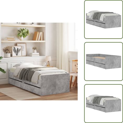 The Living Store Bett mit Schubladen Betongrau 75x190 cm - Beton Grau - Holzrahmen - Lattenrost - Schrankbett - Einzelbett