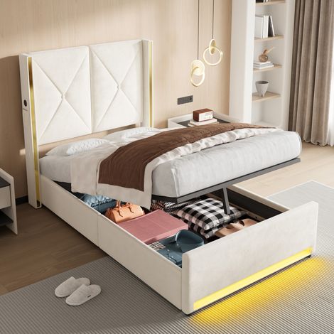 Bett Bettgestell Stauraum 90x200 Samt Beige HAVRYA (1/5)
