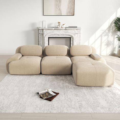 Sofá esquinero modular sin montaje, sin marco, ergonómico y apto para mascotas, fabricado en pana con reposabrazos extra anchos, tapicería de alta elasticidad 32D para salón y dormitorio, color beige  (1/5)