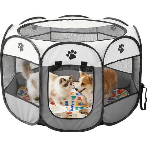 Parc pliable pour chiot - 74 x 74 x 43 cm - Enclos pour petits animaux - Enclos pour chiens, chats, lapins - Pour l'intérieur et l'extérieur (gris) (1/5)