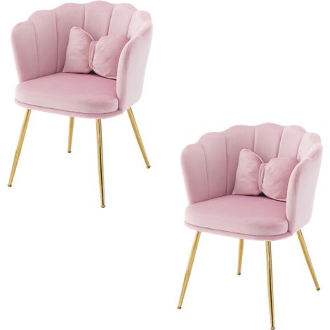 Lot de 2 chaises, chaises coquillage, pieds en métal, coussins papillon,fauteuil de salon, Convient pour la salle à manger de la chambre, velours, Rose (1/5)