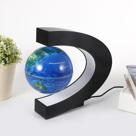 Globe lumineux flottant en forme de C de 10 cm (4 pouces), à lévitation magnétique, avec rotation, pour la décoration de bureau ou de maison. 100-240 V, bleu, prise européenne. (1/5)