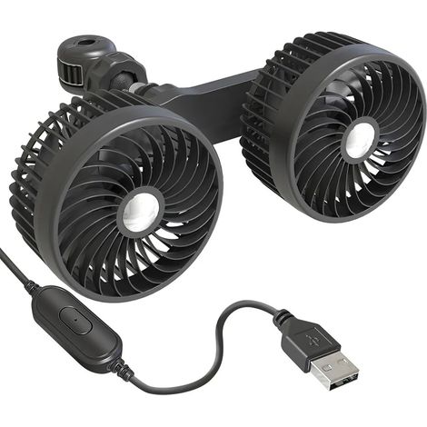 Ventilador de coche de doble ventilador, interfaz USB, tres velocidades, motor silencioso, rotación de 360°, potente flujo de aire. (1/5)