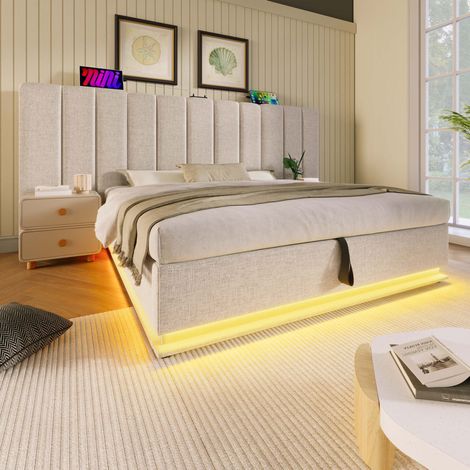 Letto imbottito contenitore 180x200 cm con LED 360°, USB e USB-C, struttura in metallo e legno, lino beige (1/5)