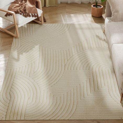 Tapis salon 200x140 cm poils épais géométrique moelleux antidérapant crème (1/5)