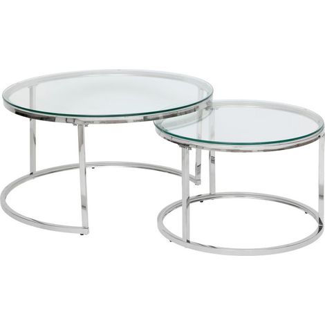 Atmosphera – Lot de 2 tables basses gigognes 80cm – Verre trempé et acier inoxydable – Finition argent – Dimensions : D. 60/80 x H. 39,5/43,2 cm (1/4)