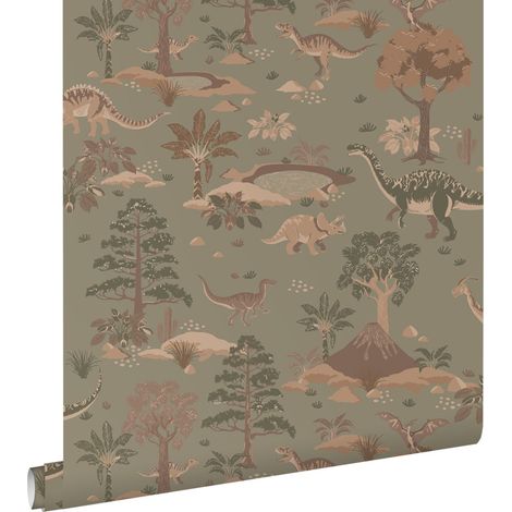 papier peint dinosaures vert grisé et marron - ESTAhome (1/5)
