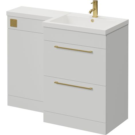 Napoli 460 Gloss Grey Pearl 1100mm 2 Drawer Vanity Unit Toilet Suite with Right Hand Square Lucia Basin - 1100mm - Brushed Brass 320mm HandleWithout Kingston Toilet Pan
