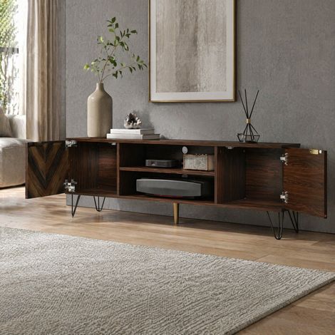 Meuble TV 155 x 38 x 48 cm, 2 portes, coloris bois, poignées dorées, pieds en fer DESVIAE (1/5)