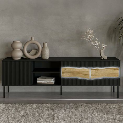 Mobile porta TV Luvinate, Madia da salotto con tre ante battenti e due vani, Con luci led, Rialzato da terra, 190x40 h62 cm, Nero e Rovere Nodi (1/5)