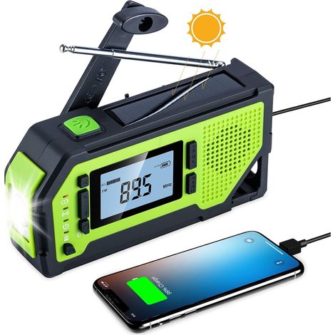 Radio portable avec écran LCD et batterie rechargeable de 2000 mAh, manivelle, chargeur solaire, alarme SOS, verte. (1/5)