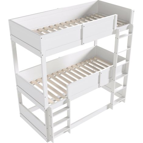 Lit superposé triple 90 x 200 cm en bois blanc, avec échelle et barrière haute (1/5)