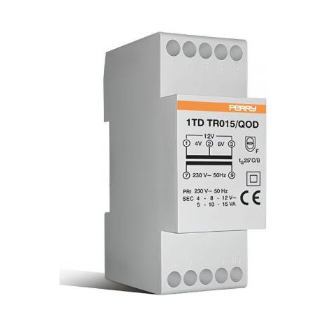 PERRY Trasformatore 15VA per servizio continuo uscite 4-8-12V 2 DIN, montaggio a retroquadro IP40 - 1TDTR015/QOD