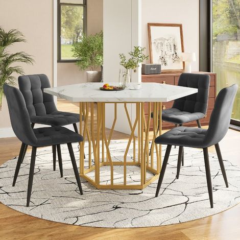 Ensemble Table et 4 Chaises - Table Hexagonale Effet Marbre Blanc et Pieds Dorés + Chaises Velours Gris (1/5)