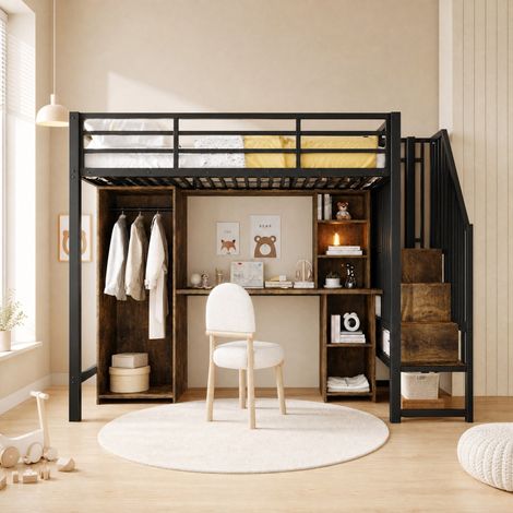 Hochbett 90x200 cm schwarz aus Metall und MDF mit Kleiderschrank, Schreibtisch und Stauraumstufen (1/5)