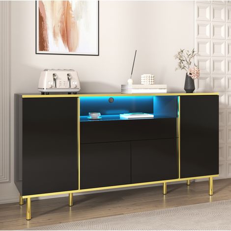 Buffet en MDF et panneaux de particules noir brillant, 150 x 40 x 80 cm, 4 portes, 1 tiroir, grand compartiment, éclairage LED et pieds dorés – de FLORAGRACE (1/5)