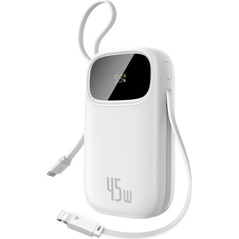 Baseus EnerFill FC31 20000mAh 45W Powerbank mit Digitalanzeige und 2 integrierten Kabeln (USB-C + Lightning) – Weiß