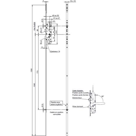 Vachette – Serrure électrique 4 points série 20500 – Pêne dormant 1/2 tour – Entraxe 70mm – Têtière 2150x16mm – Axe 50mm gauche