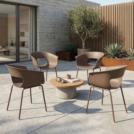 Ensemble de 4 chaises de jardin ergonomiques pour balcon, design ajouré, accoudoirs, résistantes aux intempéries et à la rouille, couleur café.