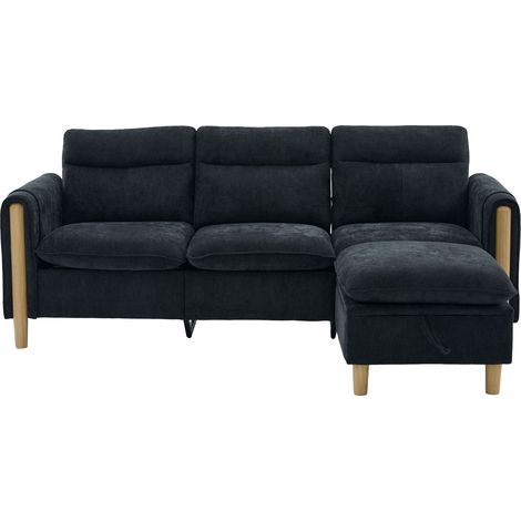 ELVMI Divano Angolare 3 Posti Reversibile con Contenitore, Tasche Laterali e Pouf, in Ciniglia Nera (1/5)