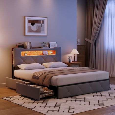 Lit simple 140x190cm – Tiroirs rangement – Éclairage LED – Port USB – Design moderne pratique - Sommier à lattes – Velours (1/5)