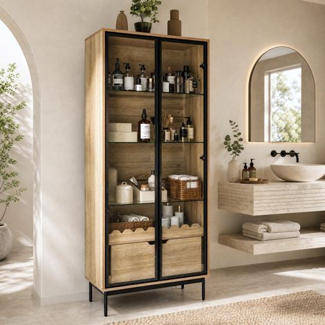 Mueble alto de almacenaje con vitrina y cajón, estantes regulables, negro y natural OKMYHOME (1/5)